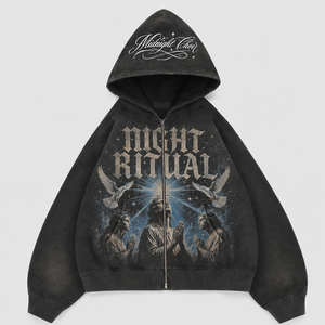 Washed <b>Black</b> Zip Up <b>Hoodie</b> Gothic Graphic Print Hood Embroidery Oversized Drop Shoulder Raw Edge Streetwear Custom <b>Men</b> <b>Hoodie</b> - Product Image 1