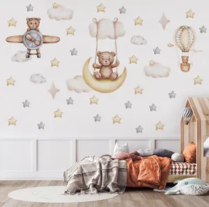 可爱不干胶可拆卸泰迪熊火箭贴花聚氯乙烯防水家居装饰儿童墙贴婴儿儿童客厅