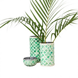 Maceta Circular con Incrustaciones de Hueso Tallada a Mano, Ecológica, Estilo Americano Minimalista Clásico, con Patrón Floral, Venta al Por Mayor - Product Image 1