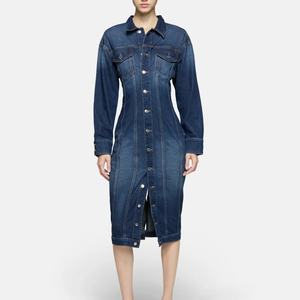 เดรสยีนส์สีน้ำเงินทรงยาวแบบใหม่จากผู้ผลิต  ชุดเดรสยีนส์ติดกระดุมสำหรับผู้หญิง - Product Image 1