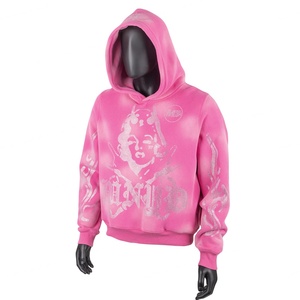Sudadera con Capucha TOPSHOW de Alta Calidad, Personalizada con Pedrería, 100% Algodón, Estilo Holgado, Corta, Gruesa, Color Rosa Deslavado al Sol - Product Image 1