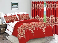 Vente Flash Parure de Lit 6 Pièces Draps de Lit Coton Design AB 2 Draps-Plats & 2 Taies d'Oreiller & 2 Rideaux