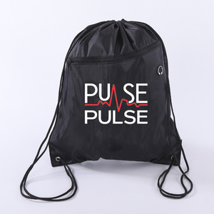 Printed Custom Durable Black Waterproof Earphone Hole Polyester Drawstring String Back Pack logo Sport Gym Bag with Outer Pocket