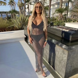 Jupes extensibles à manches longues en strass Jupe transparente Résille à strass Couverture col en V <span class=keywords><strong>Robe</strong></span> longue en cristal pour la fête - Product Image 6