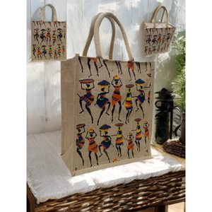 Sac fourre-tout rectangulaire en jute imprimé – Impression artisanale écologique, couleurs écologiques, design Art Déco, renforcé, pour Diwali et retraite - Product Image 1