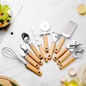 Stainless Steel 9-Piece Kitchen Tools <b>Set</b> Wooden Handle <b>Microwave</b> Oven Safe Cheese Knife Egg Beater for Home Kitchen Use - Product Image 2