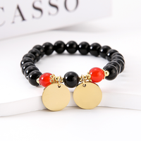 Bracelet élastique en perles d'obsidienne Ywyougang avec disque métallique vierge gravable en acier inoxydable doré, fait main, logo personnalisé, pour couple