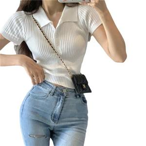 Nouvelle tendance dames haut d'été col rabattu simple boutonnage Anti-rides bouton décoration confortable tricots manches courtes décontracté - Product Image 1