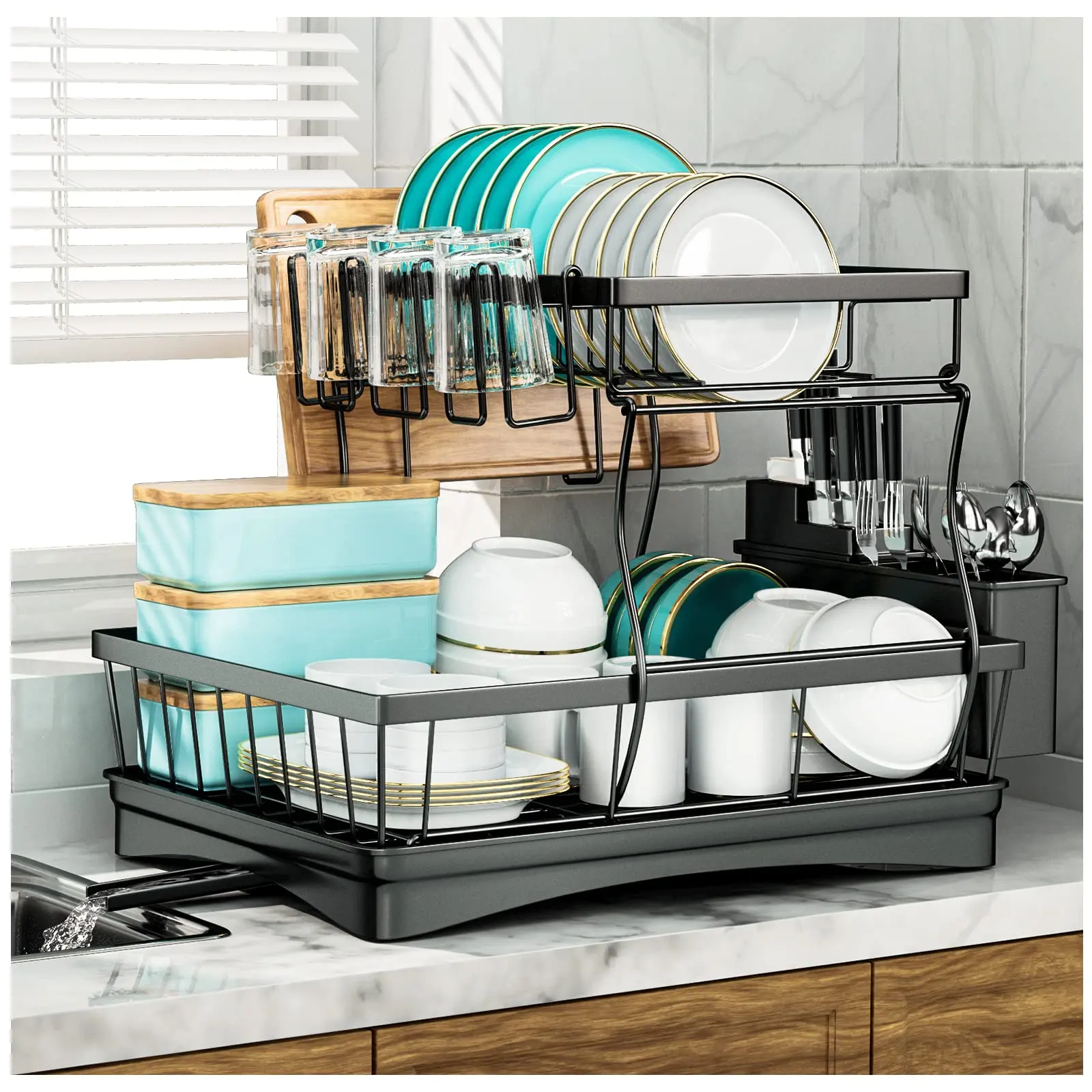 Escurridor de platos para el fregadero, escurridor de vajilla de 2 capas, para encimera de cocina, colador de platos de alta capacidad y sartén de agua