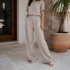 Eleganti <span class=keywords><strong>Pantaloni</strong></span> da Completo Grigio Pietra a Gamba Larga per Donna, Vita Alta, Plissettati, Stile Ufficio, Pantalone Drappeggiato Chic - Product Image 4