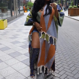 Autunno inverno caldo Vintage a maniche lunghe alla moda Casual cardigan con nappe giacche Color Block da donna <span class=keywords><strong>cappotto</strong></span> da donna - Product Image 2