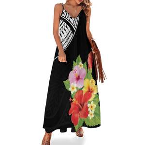 ชุดเดรสยาวลายสักชนเผ่าโพลีนีเซียน ลายดอกชบาและดอกลีลาวดี <span class=keywords><strong>คอ</strong></span>วี แขนกุด สำหรับฤดูร้อน ชุดไปเที่ยวทะเล  ดรอปชิปปิ้ง - Product Image 3