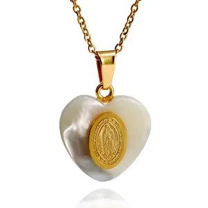 Colares Atacado Heart shell 18K Gold Plated Pendant Necklace Ladies Collar Stainless Steel Religious Saint Mary Priest Necklace