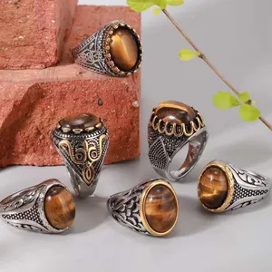 Mode Goedkope Prijs Man Punk Sieraden Turquoise Kallaite Calaite Steen Roestvrij Staal Verzilverd Cat Eye Tijger Eye Ring Mannen