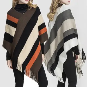 Elegant Knitted Shawls and Wraps Mexican Poncho Blanket Stripe Sweater Coat Wool Cloak Red Cape