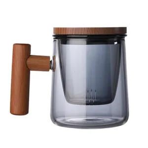 Высококачественный стеклянный стакан ручной работы с деревянной крышкой и деревянной ручкой с фильтром для чая