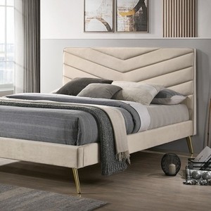 Modern Mid-century Modern Beige Flannelette Chevron Tufted Design Twin <b>Size</b> <b>Bed</b> Padded Headboard Bedroom Furniture - Product Image 2
