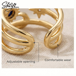 Anillo Bohemio Ojo Turco Luna Estrella Chapado en Oro 14K con Zirconia, Anillo de Moda Ajustable de Banda Abierta, Joyería para Mujer - Product Image 4