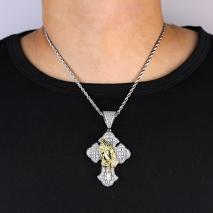 힙합 투톤 실버 & 골드 도금 기도하는 손 CZ 크로스 펜던트 롱 목걸이 소년용 액세서리 구리 보석 - Product Image 2