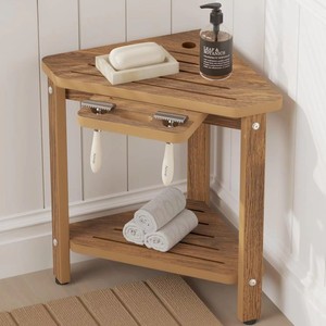 Lin Xiang - Tabouret de douche en bois avec étagère d'angle, organisateur de produits de toilette à double niveau en bois massif, étagère de salle de bain 45x35.5x55cm - Product Image 1