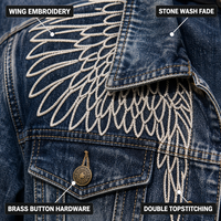 Veste en jean épaisse pour homme, personnalisée, délavée à l'indigo, effet vieilli, avec broderie d'ailes, boutons en laiton, style streetwear vintage oversize