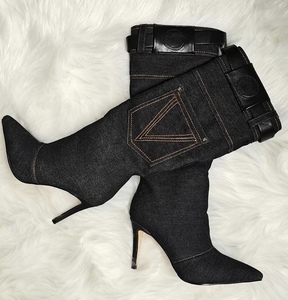 รองเท้าบูทสไตล์ตะวันตกแบบใหม่สำหรับผู้หญิง ฤดูหนาวและฤดูใบไม้ร่วง ส้นเข็มเซ็กซี่ สีน้ำเงิน แต่งขอบยีนส์ รองเท้าส้นสูงสำหรับผู้หญิง - Product Image 4