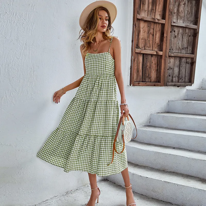 2025 New Long Slip Gingham Ruffle Dress - Elegant Casual 2025 New Long Slip Gingham Ruffle Dress - Elegant Casual
