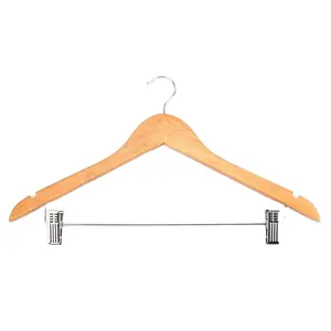 Inspring Wooden Pant Hanger Wooden Suit Hangers with Steel Clips and Hooks, Natural Wood Collection Skirt Hangers