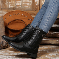 Bottes de combat mi-mollet à lacets pour femmes, avec fermeture éclair latérale et boucle décorative, bottes plates de moto, chaussures quotidiennes vintage pour femmes automne-hiver