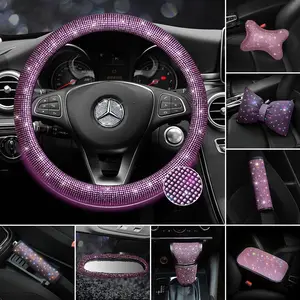 Luxury Detailing Decorative Girls Bling Pink Women Car Accessories Interior Decoration Steering Wheel Cover Set