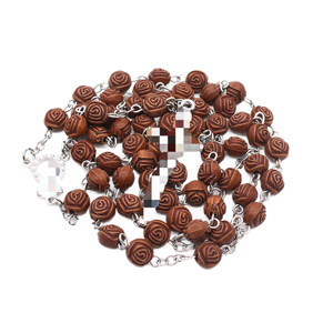 Collier chapelet en perles de bois de rose marron café, forme fleur vintage, chaîne de pull, bijou unisexe, cadeau - Product Image 4