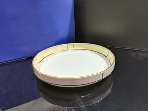 Round <b>Ceramic</b> Charger <b>Plate</b> Gold Inlay Pink Yellow Rim Modern Luxury Dinnerware for Party Home Restaurant - Product Image 3