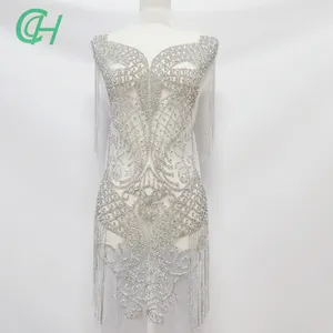 RM-707 Beaded Rhinestone Applique Silver Handmade Rhinestone Temple Bodice Large Full Body Crystal Flower Rhinestones Dress