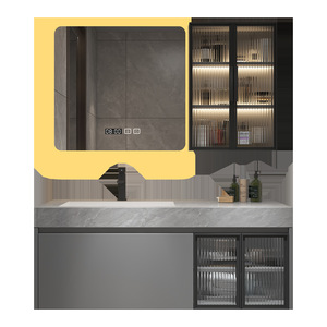 Nouvelle armoire de rangement intelligente avec miroir gris moderne, meuble de salle de bain mural avec miroir LED intelligent et plateau en pierre - Product Image 5