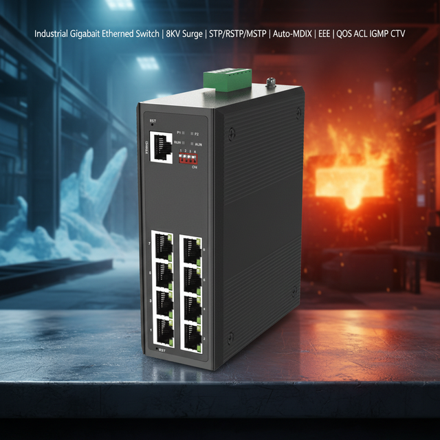 Industrial Managed 8-Port Gigabit PoE Switch 480W 802.3at/bt RJ45 VLAN QoS SNMP for CCTV IP Camera Network System