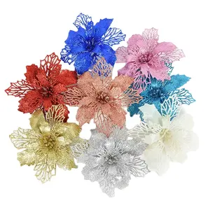 11cm Glitter Artifical Christmas Flowers Xmas Tree Decorative Home Fake Hallow Flower Home Ornaments New Year Decor