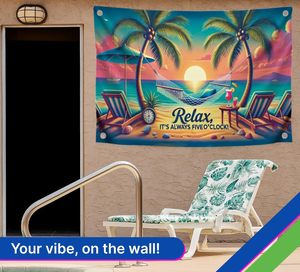 Bandiera in poliestere monofacciale 3x5 piedi con 4 occhielli in ottone - Design 'Relax It's Always Five O'Clock' Tramonto Tropicale Amaca Spiaggia - Product Image 3