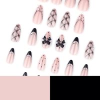 Laisense Faux ongles à porter de haute qualité, forme amande courte, noirs, style œil de chat gothique cool, avec nœud