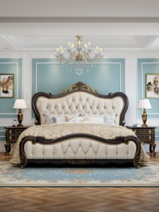 French Style Soft <b>Bed</b> King Size Tufted Upholstered Headboard Wooden <b>Frame</b> Beige Color - Product Image 2