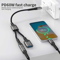 Adaptador Hub Tipo-C 3 en 1, Divisor con Puertos USB+Tipo-C, Transferencia de Datos OTG, PD 60W, Conductor de Cobre Puro Trenzado Metálico para Laptops