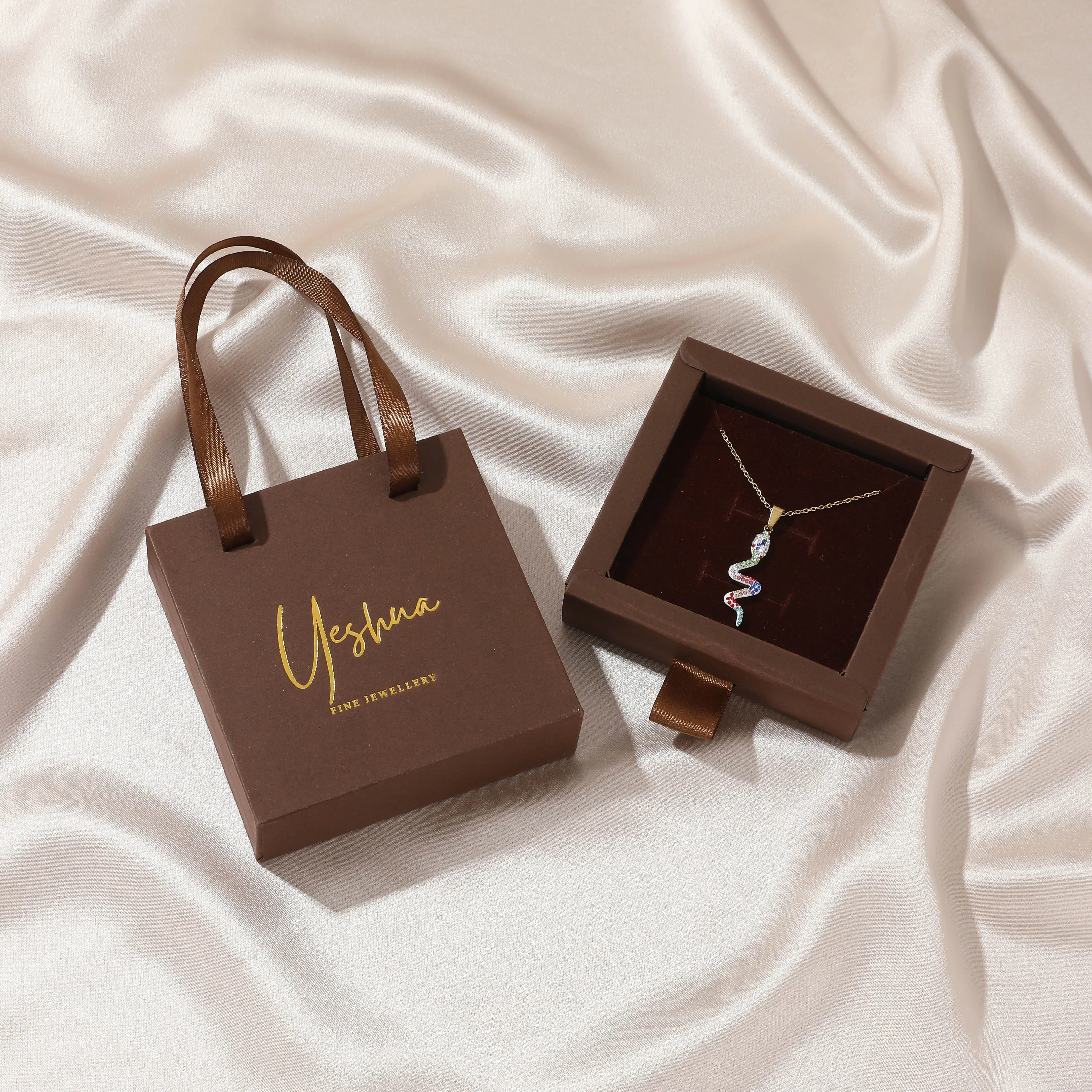 Коробка для упаковки ювелирных изделий, браслет, ожерелье, футляр для серег, атласная ручка, подарок из квадратного бумажного картона, раздвижная коричневая упаковочная коробка