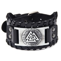 Gelang Kulit Punk Simbol Celtic Mata Serigala Vintage untuk Pria, Gelang Totem Viking Odin dengan Logo Kustom, Hadiah untuk Ayah