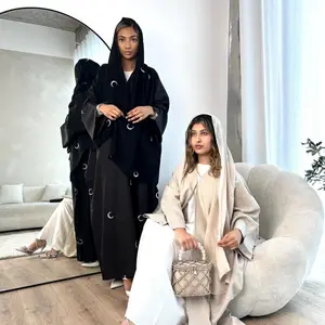 Một Mảnh Đẹp Mở Abaya Mới Sang Trọng Mặt Trăng Thêu Giản Dị Dài Tay Áo Ăn Mặc Linen Abaya Áo