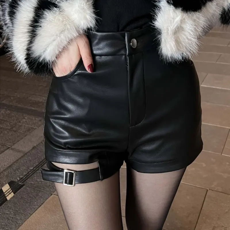 Korean Fashion PU Leather Shorts Women Autumn Winter Faux Leather Woman Shorts High Waist Slim Loose Short Pants Women Shorts