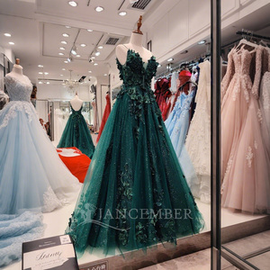 Para ANY09 elegante correa de espagueti verde oscuro A-Line vestidos de noche formales apliques de cuentas bordado capilla Natural - Product Image 2