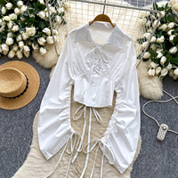 Chemisier court à col et lacets pour femme, manches longues, taille cintrée, style décontracté et élégant pour l'automne