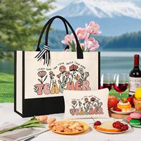 Ensemble de 2 sacs fourre-tout en toile à motif floral pour enseignant et trousse à cosmétiques, sac cadeau en toile réutilisable pour la recompense des enseignants, cadeaux de vacances