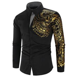 Chemises slim grande taille en coton à manches longues pour hommes, robe de soirée imprimée dorée, chemises à motifs de luxe personnalisés - Product Image 5