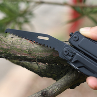 GHK28-AL Schwarzes Multitool-Rettungswerkzeug mit Sicherheitsschere, Feuerstarter, Säge, Glasbrecher, Klappmesser, Zange, EDC