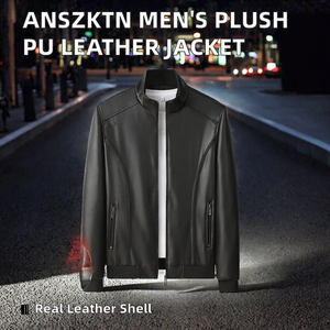 Genuine Leather Men's Plush Thick Casual Autumn Trench Coat Zipper <b>Yarn</b> Dyed Middle-aged Trendy Dad Outfit - Product Image 2